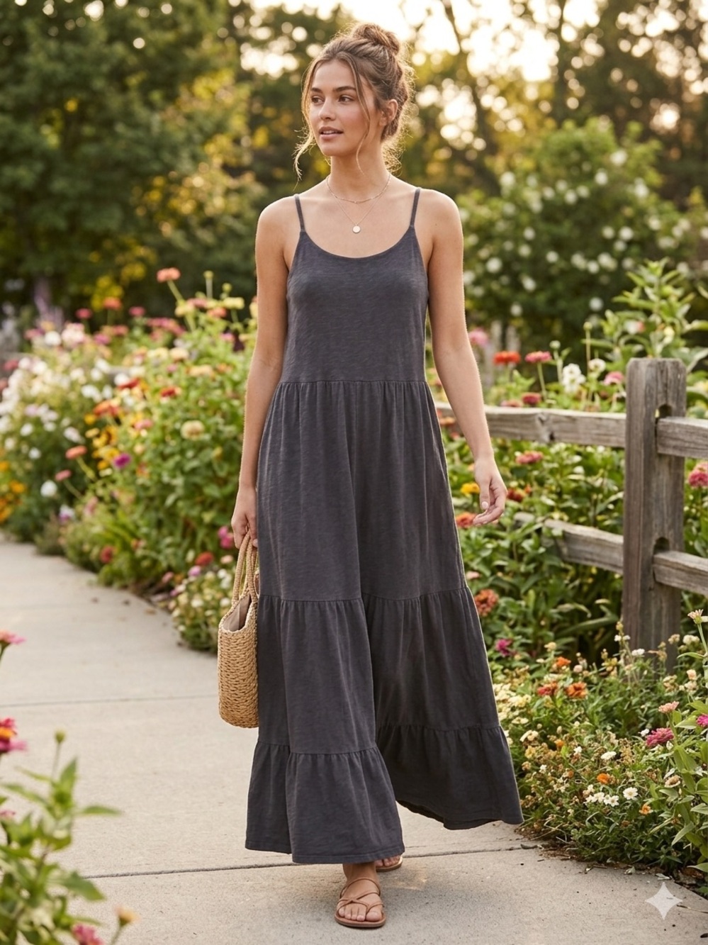 Z Supply Charcoal Tiered Spaghetti-Strap Maxi Dress